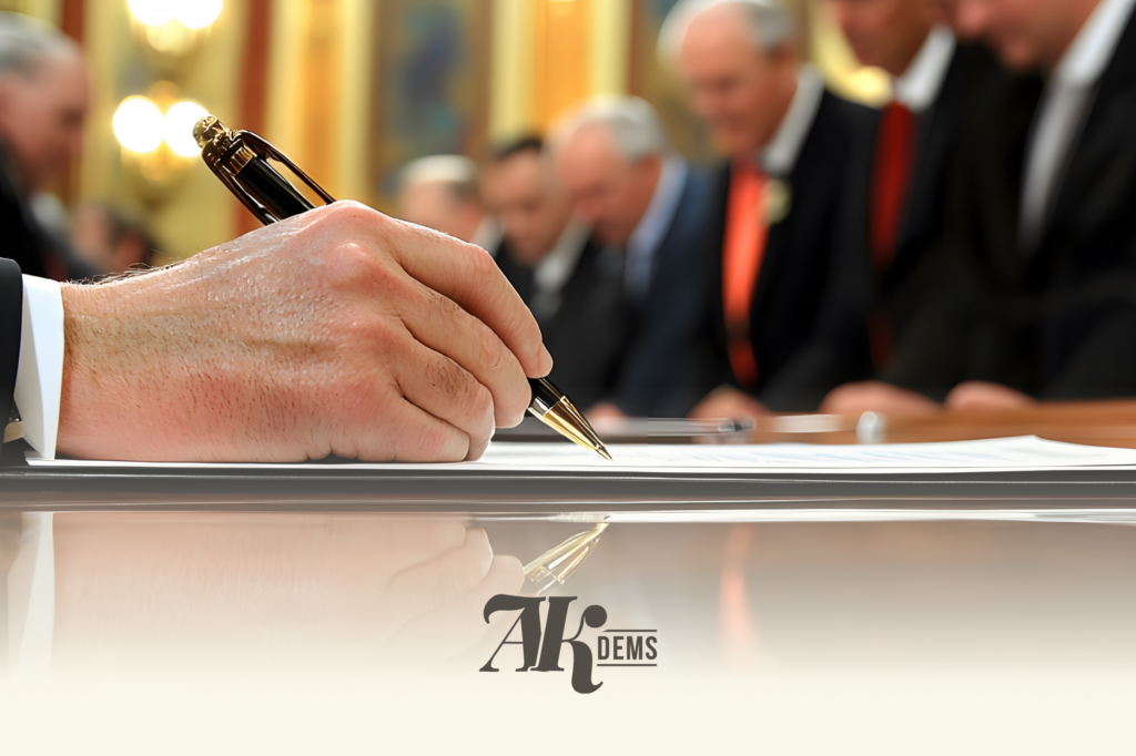 Close-up of a hand signing a document with a gold-and-black fountain pen; blurred group of suited men in a formal setting in the background.