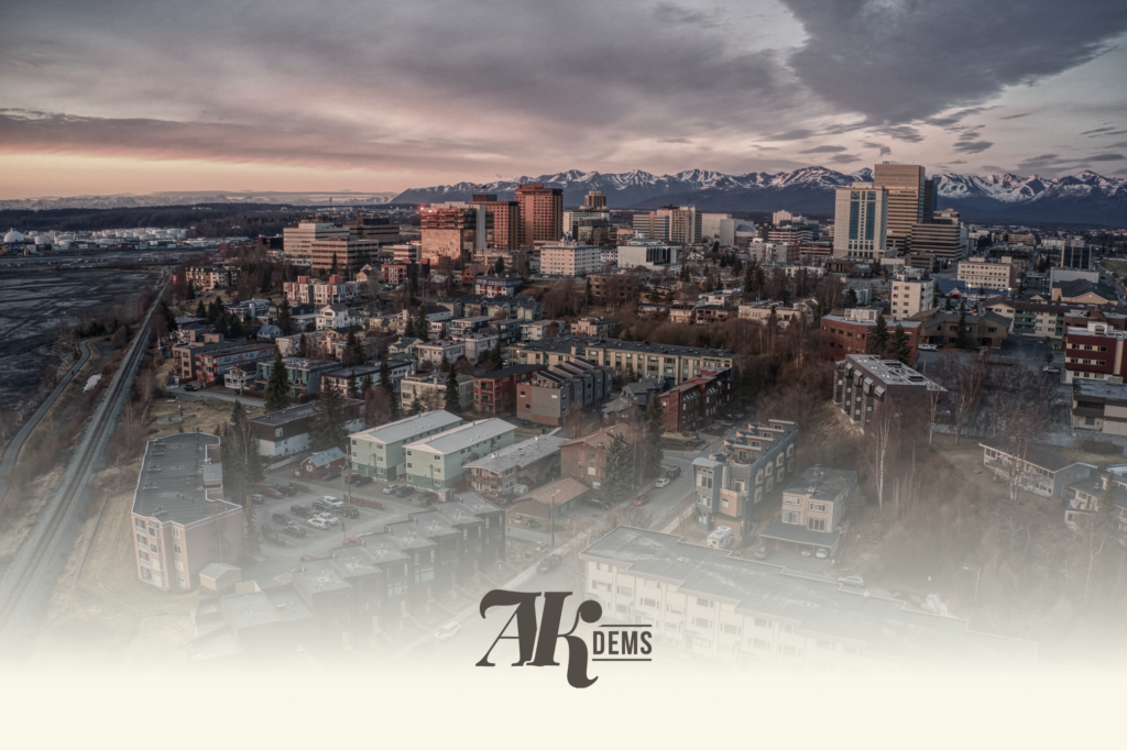 Panoramic city skyline with high-rise buildings and snow‑capped mountains in the distance at dusk; faded 'AK DEMS' logo at the bottom.