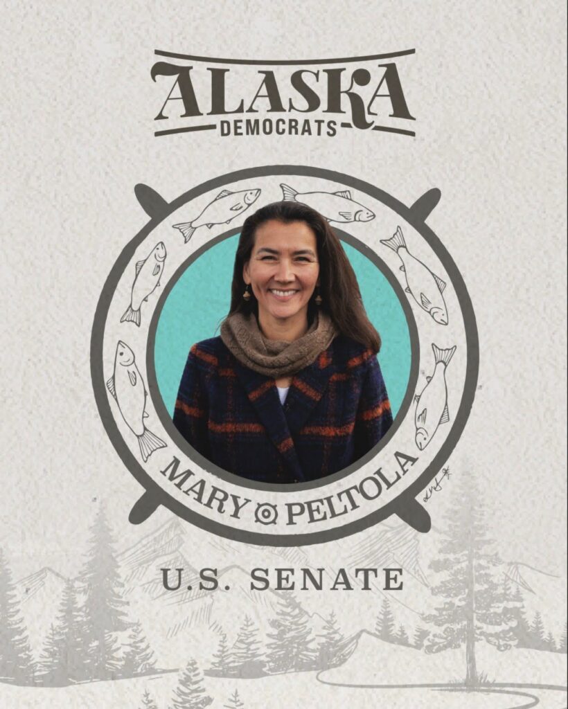 Smiling woman in a plaid coat inside a circular seal with fish illustrations, reading Alaska Democrats and U.S. Senate beneath.