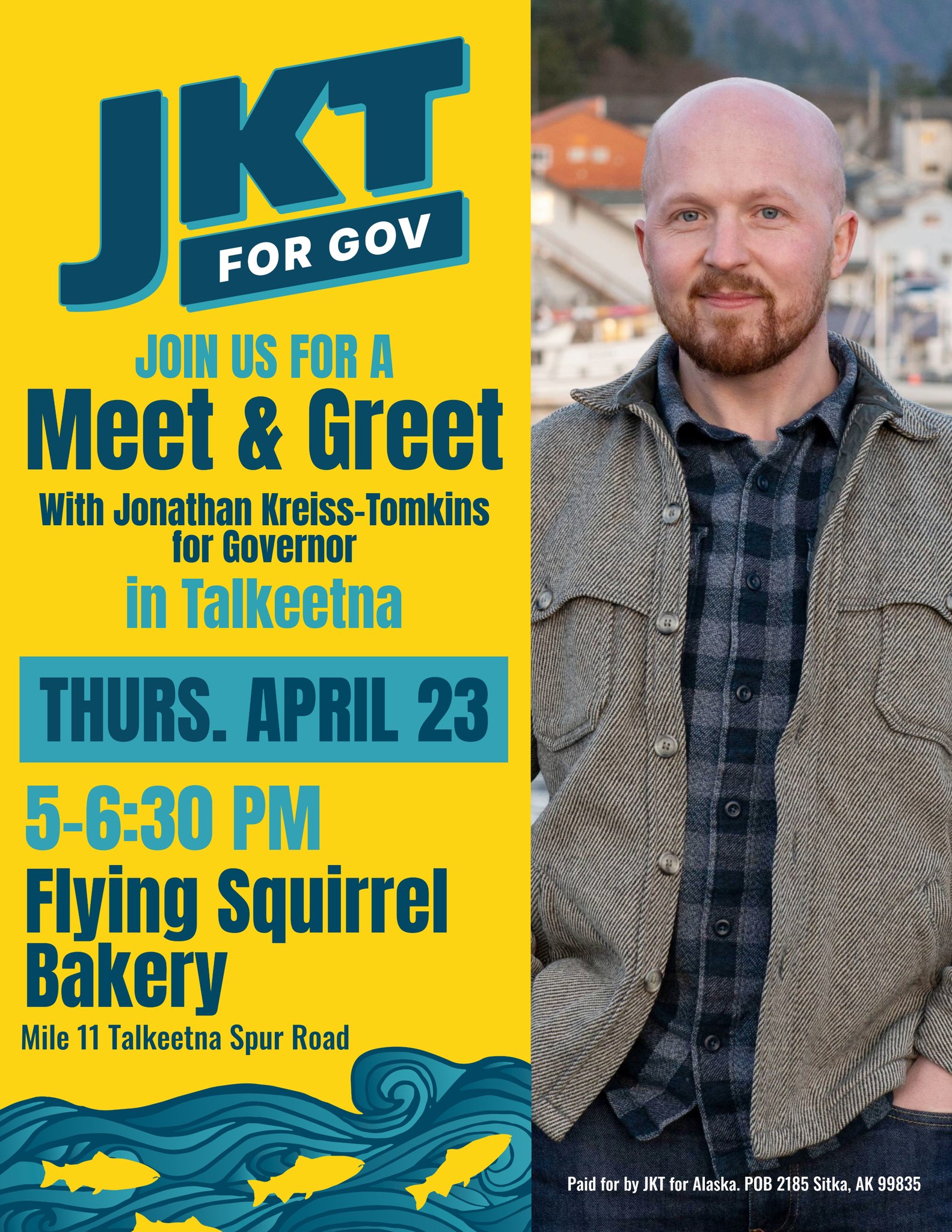 Split image: left side shows a bright yellow campaign flyer with bold blue text reading 'JKT for Gov' and 'Meet & Greet'; right side features a smiling man in a plaid shirt and tan jacket outdoors.