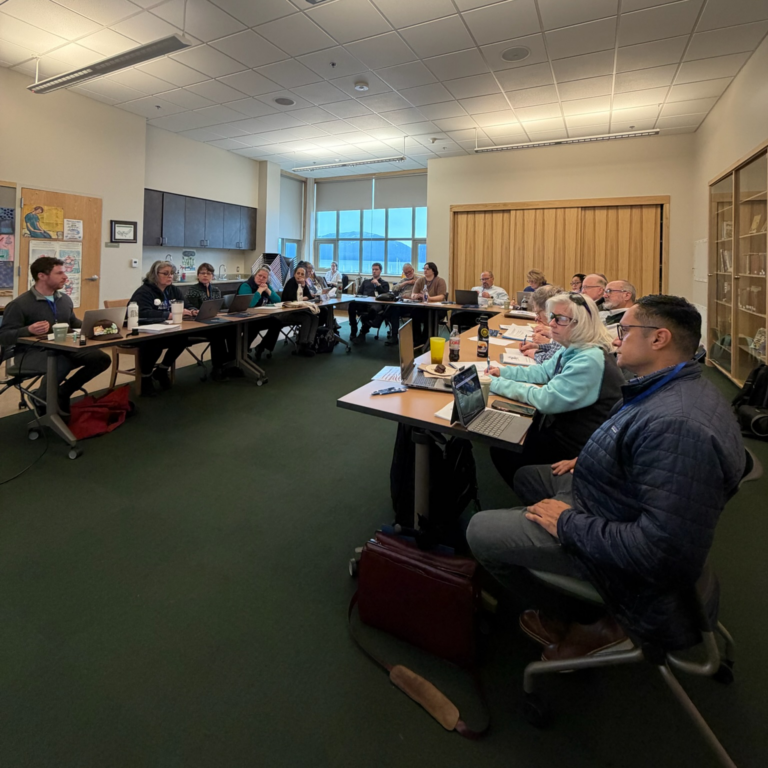 Group of adults seated around a U-shaped conference table in a meeting room, laptops open and people talking.