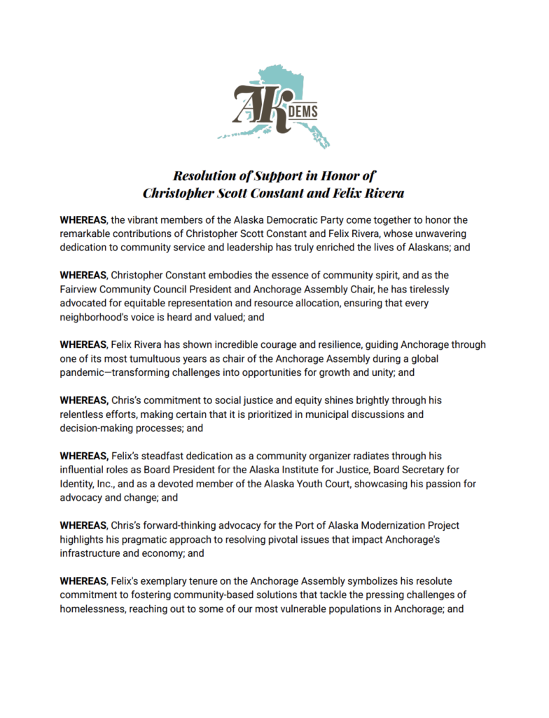 Formal resolution page honoring Christopher Scott Constant and Felix Rivera, with AK Dems logo above the title.
