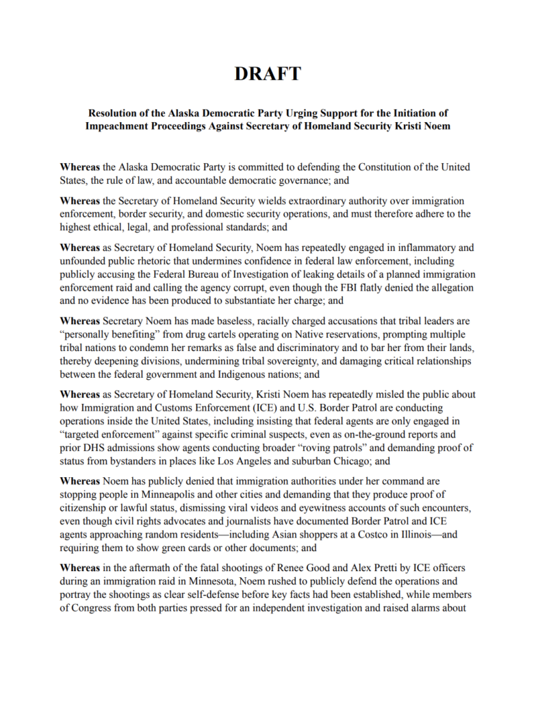 Draft resolution page labeled DRAFT about impeachment proceedings against Homeland Security Secretary Kristi Noem. Includes multiple 'Whereas' clauses as part of the text.