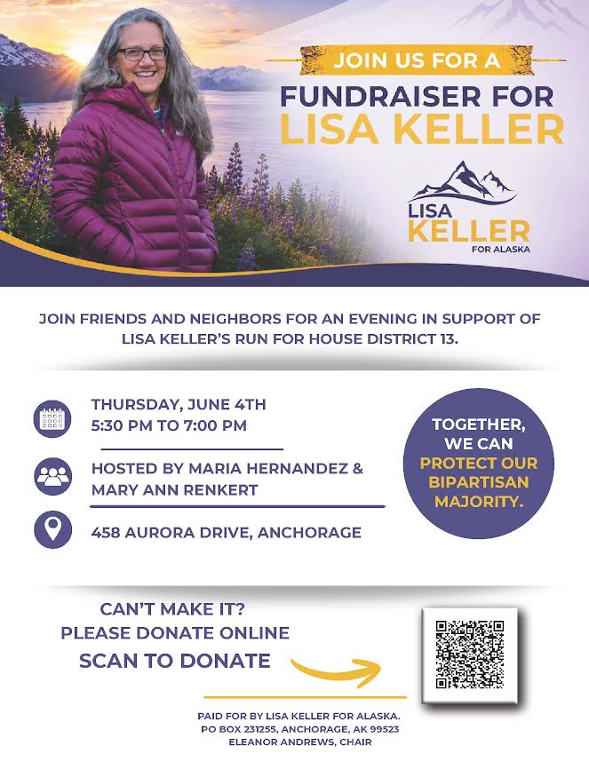 Banner for Lisa Keller fundraiser showing a smiling woman in a purple jacket with a mountain lake backdrop and event details nearbyPaging the event title 'Join us for a fundraiser for Lisa Keller' and sponsor logo nearby, conveying the purpose of the image in a single line.