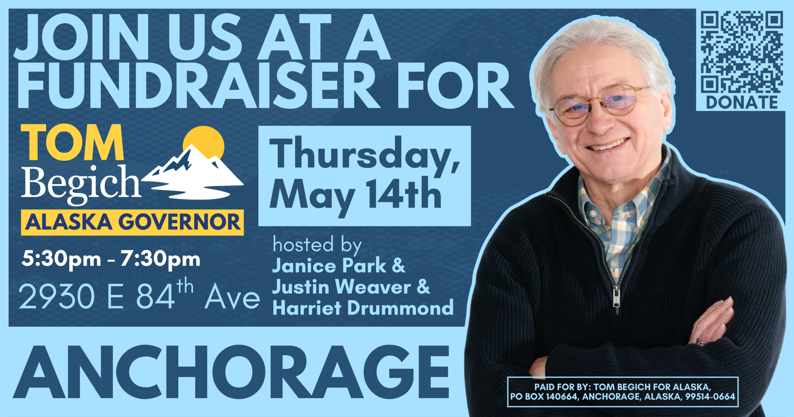 Fundraiser poster for Tom Begich’s Alaska Governor campaign with event details, a donor QR code, and a smiling older man portrait.