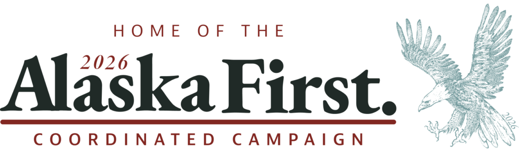 Alaska First 2026 coordinated campaign logo with 'HOME OF THE' above 'Alaska First' and a teal eagle on the right.