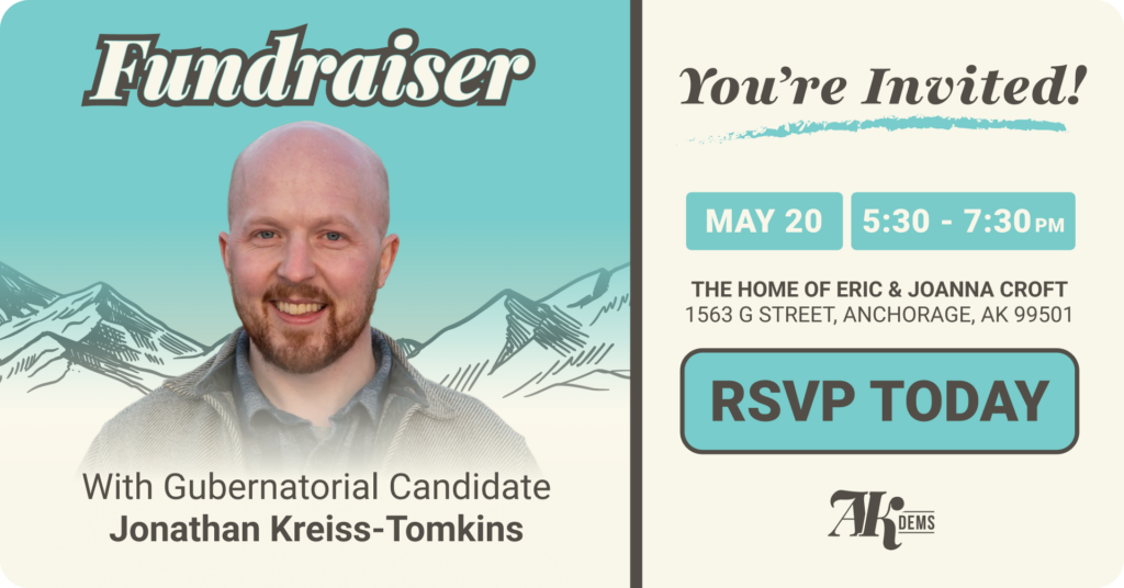 Fundraiser invitation banner: speaker portrait with mountain gradient on the left and event details on the right.