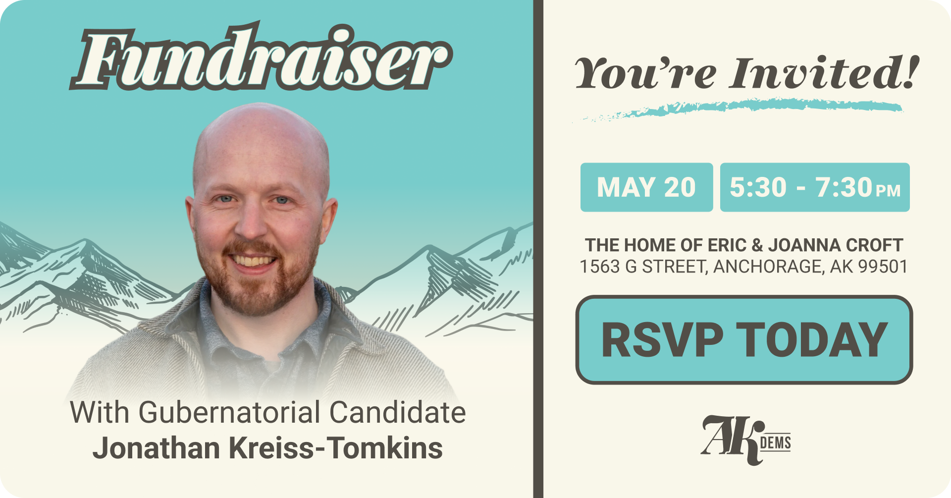 Fundraiser invitation banner: speaker portrait with mountain gradient on the left and event details on the right.