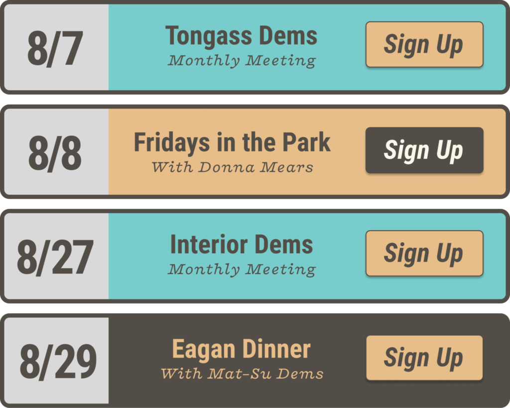 Colorful stacked event banners showing scheduled meetings with 'Sign Up' buttons on the right.