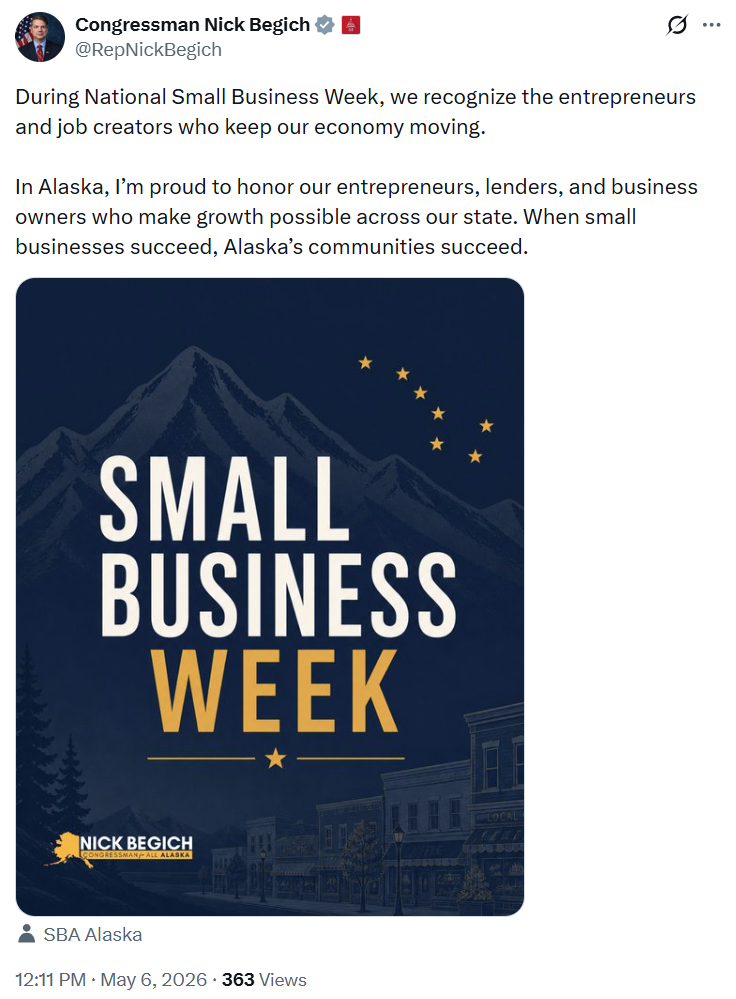 Graphic for National Small Business Week: dark blue mountain backdrop, white 'SMALL BUSINESS' and gold 'WEEK', silhouettes of an Alaska town and stars, Nick Begich logo included.