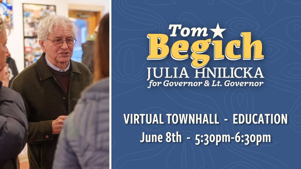 Older man talking to attendees at a campaign event; poster on the right reads 'Tom Begich for Governor & Lt. Governor' and 'Virtual Townhall – Education'.