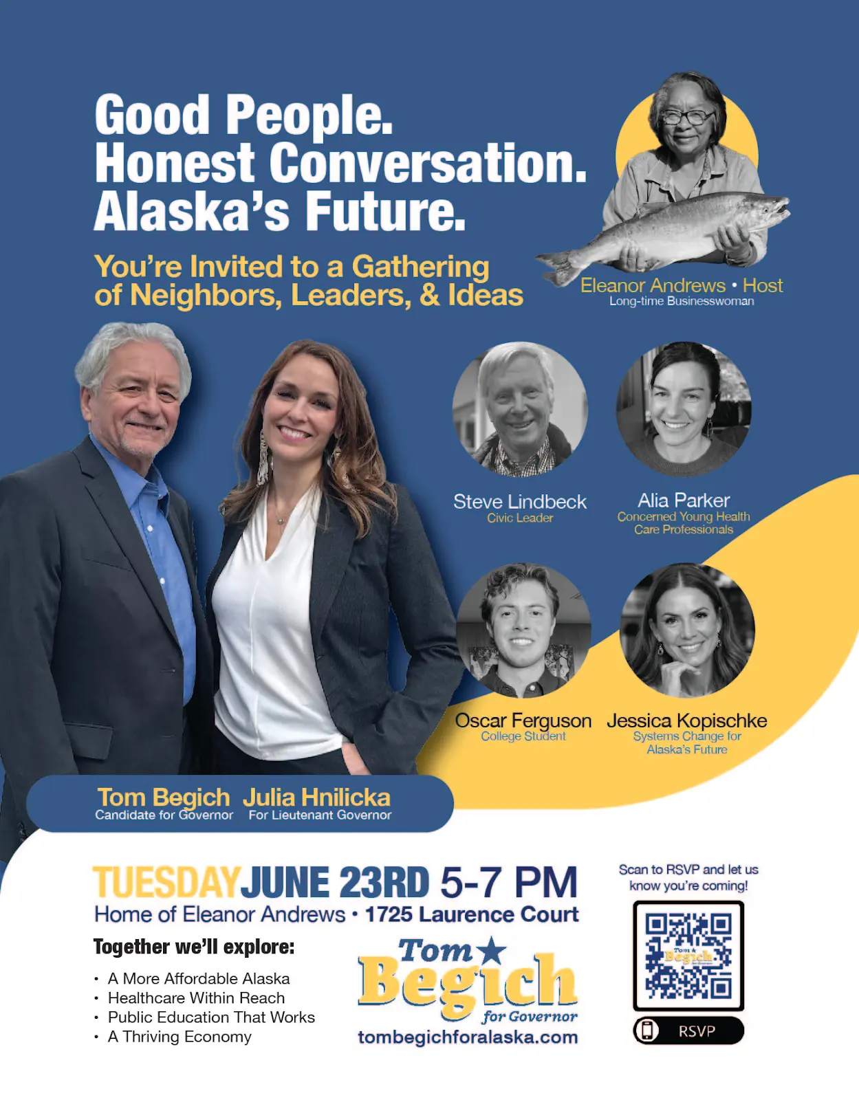 Promotional poster for an Alaska election event featuring host Eleanor Andrews and candidates Tom Begich and Julia Hinlicka, on a blue and yellow design.