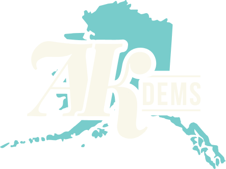 Alaska Democrats logo with stylized 'AK' and 'DEMS' over a turquoise Alaska map silhouette.