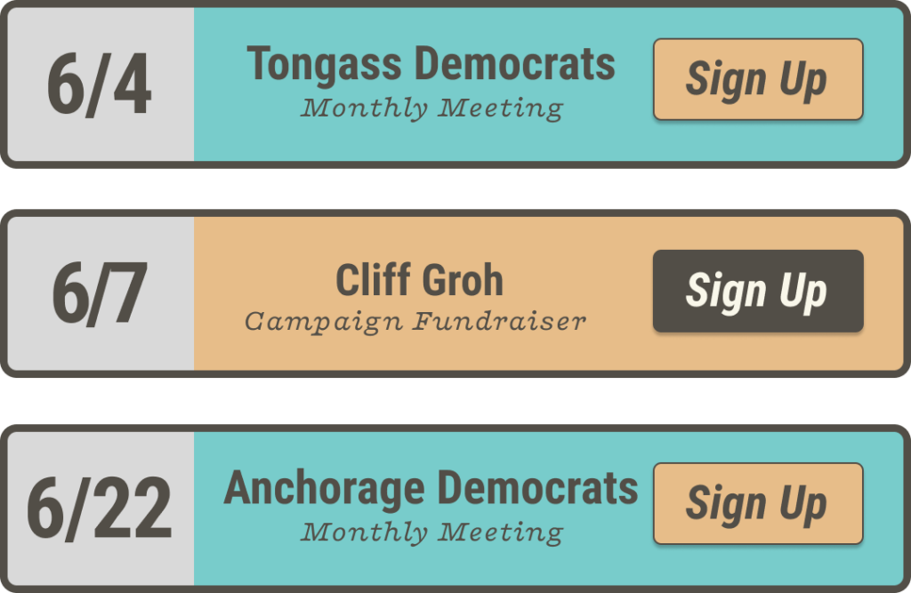 Three event cards showing upcoming meetings: 6/4 Tongass Democrats Monthly Meeting with a Sign Up button; 6/7 Cliff Groh Campaign Fundraiser with a Sign Up button; 6/22 Anchorage Democrats Monthly Meeting with a Sign Up button.