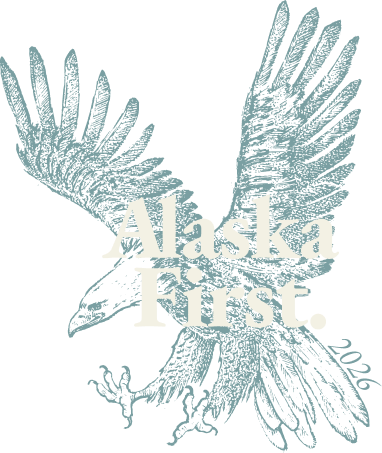 Campaign logo featuring a teal eagle in flight with the bold white text 'Alaska First.' on a black background.