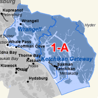 Map of Alaska's southeastern region; blue shaded 1-A Ketchikan Gateway area with Wrangell and nearby towns labeled