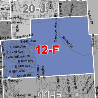 Map highlighting district 12-F in blue on a grayscale street map, with surrounding roads like Dowling Rd and Campbell Ave.