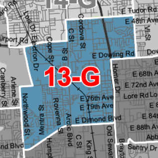 City map segment with a blue highlighted district labeled '13-G' in red at the center.