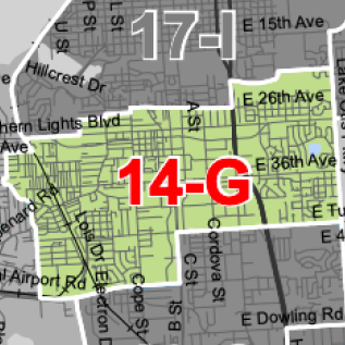 Map showing districts 17-J (top, gray) and 14-G (center, red) over a street grid with a green-highlighted area.