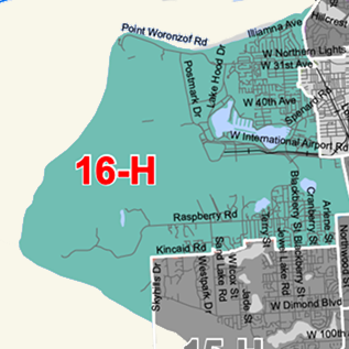 Coastal map highlighting evacuation zone 16-H in teal with surrounding streets labeled around the area near the coast.