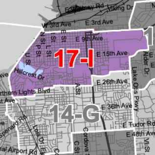 Map highlighting two districts: 17-I in red and 14-G in gray, with a purple highlighted area between them