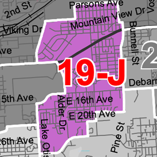 Map excerpt showing district 19-J highlighted in purple with a bold red '19-J' label, over a gray street grid with street names.