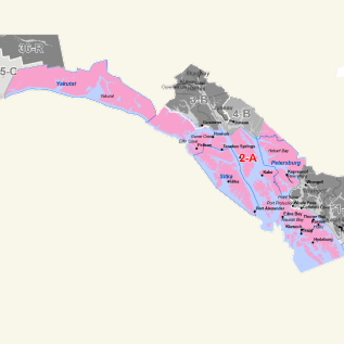Coastal, color-coded regional map showing zones 2-A and 2-B with town labels along the shoreline.