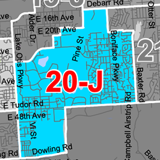 Map showing the 20-J district boundary in blue with street names and a bold red '20-J' label.