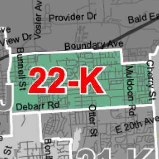 Map of a green highlighted district labeled 22-K with surrounding streets Debarr Rd, Boundary Ave, Providence Dr.