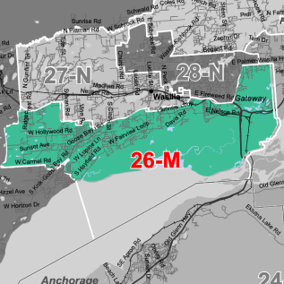 Coastal regional map with district 26-M highlighted in green and red text, adjacent 27-N and 28-N in gray (Anchorage area).
