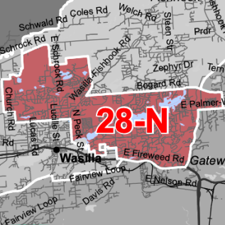 Grayscale city map with a bold red district labeled '28-N' in the center, surrounded by street names such as E Fireweed Ln.