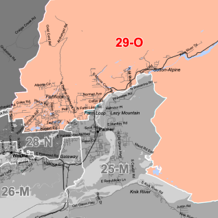 Color-coded regional map with zones 29-O, 28-N, 25-M, 26-M, showing boundaries and town labels.