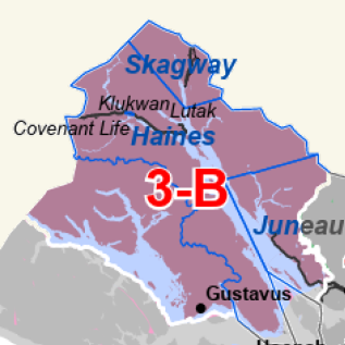 Map highlighting district 3-B in red over a purple region, with Skagway and Haines at the top and Juneau to the southeast; Gustavus labeled.