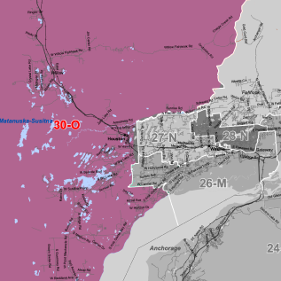 Color-coded regional map: purple western area and gray eastern area, with Anchorage labeled and boundary coordinates like 26-M, 28-N, and 30-O along the line.
