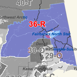 Map of Alaska showing central interior weather zones with alert codes 36-R and 30-O around the Fairbanks North Star and Mat-Su regions.