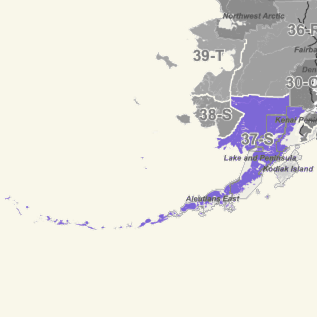 Map of Alaska's southern coast with a purple highlighted coastal route and grey land labels.