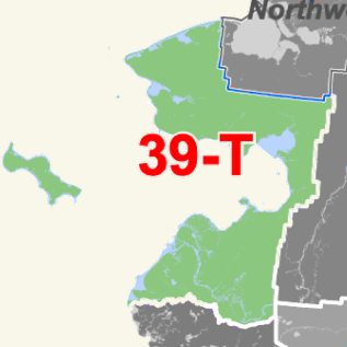 Map of North America highlighting green regions with a bold red '39-T' label over the western area.