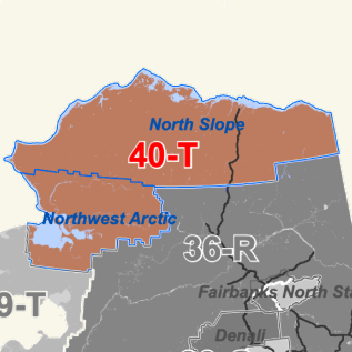 Alaska map highlighting North Slope in orange with 40-T label and Northwest Arctic region, plus gray area labeled 36-R.