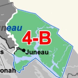 Map showing area labeled 4-B around Juneau, with a black dot marking Juneau and blue water features within green land