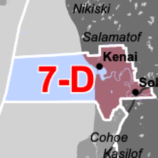 Map of Alaska with District 7-D in red along the Kenai Peninsula; towns Nikiski, Salamatof, Kenai, and Soldotna labeled.