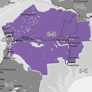 Map with the 8-D region shaded in purple along Alaska's southern coast, showing towns like Seward and Point Possession.