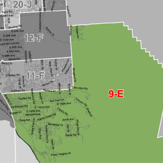 Map showing district boundaries; large green area labeled 9-E on the right, with gray blocks 11-F and 12-F on the left and street names visible.