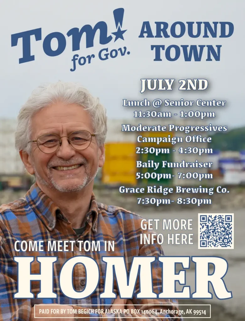Campaign poster for 'Tom for Gov.' featuring a smiling older man in a plaid shirt with event details and 'Homer' large text. Includes schedule and QR code for more info.