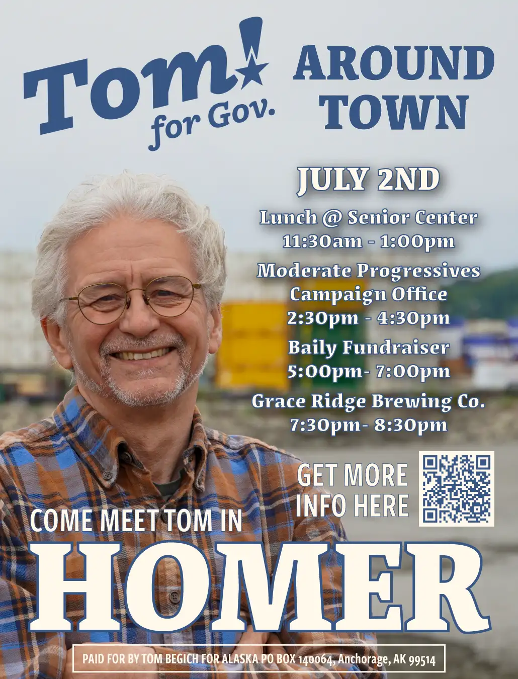 Campaign poster for 'Tom for Gov.' featuring a smiling older man in a plaid shirt with event details and 'Homer' large text. Includes schedule and QR code for more info.