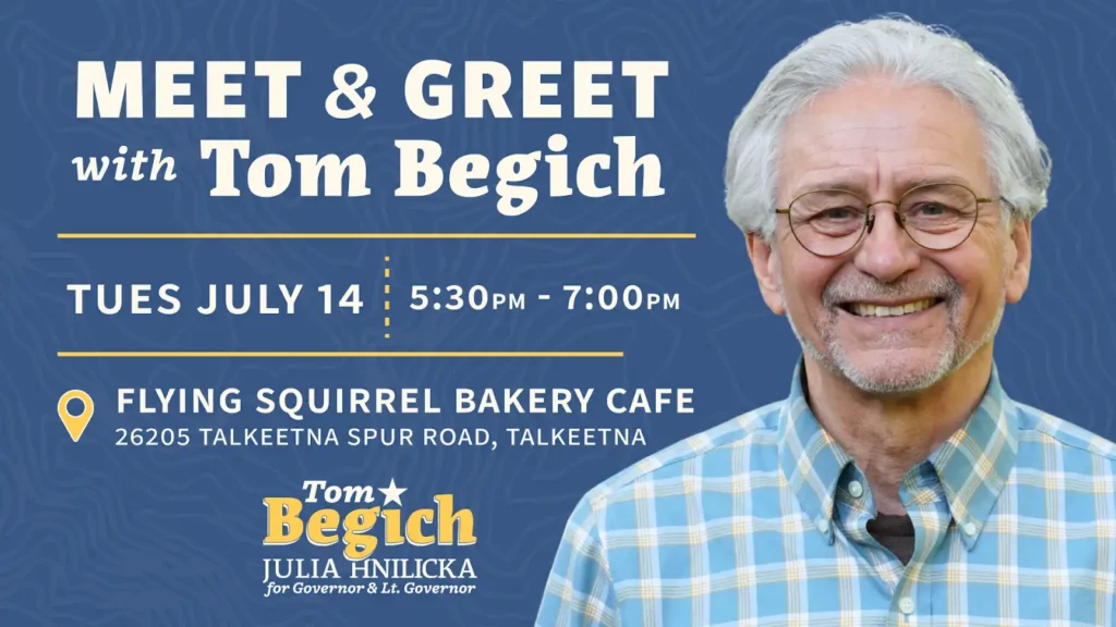 Meet & Greet poster showing a smiling man in a blue plaid shirt; event July 14, 5:30–7:00 PM at Flying Squirrel Bakery Cafe, Talkeetna, AK.