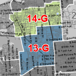 Map with blue area for 13-G and green area for 14-G highlighting zoning overlays and street names.