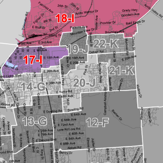 Color-coded city map showing districts with alphanumeric labels (e.g., 18-I, 19-J, 22-K) in pink and gray areas with street names visible in the background.