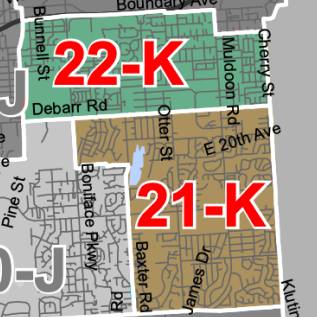 Map showing two highlighted parcels labeled 22-K (green) and 21-K (brown) with street names and boundaries visible.