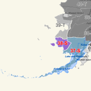 Regional map of Alaska showing seismic zones 37-S and 38-S highlighted in red on a purple area, with surrounding coastlines and regional labels such as Aleutians East and Lake and Peninsula.