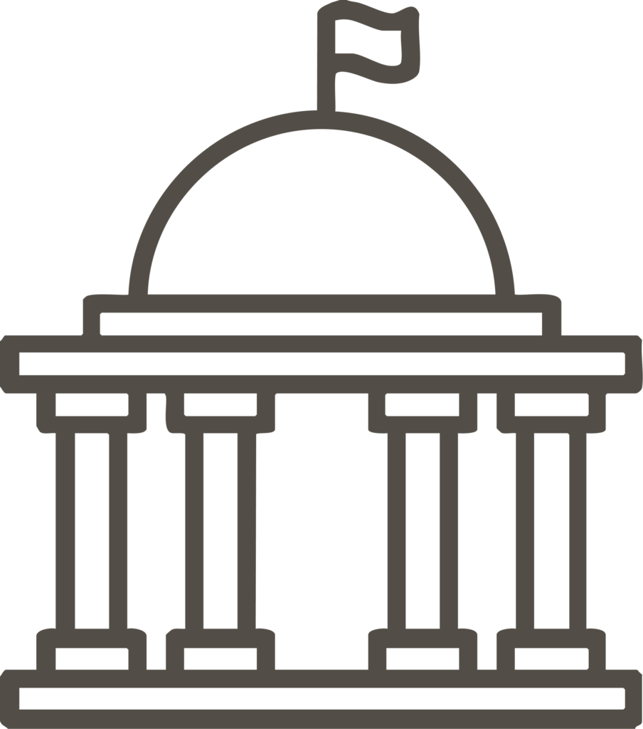 Icon-style illustration of a stadium with a rounded dome and a flag on top, viewed from the front.